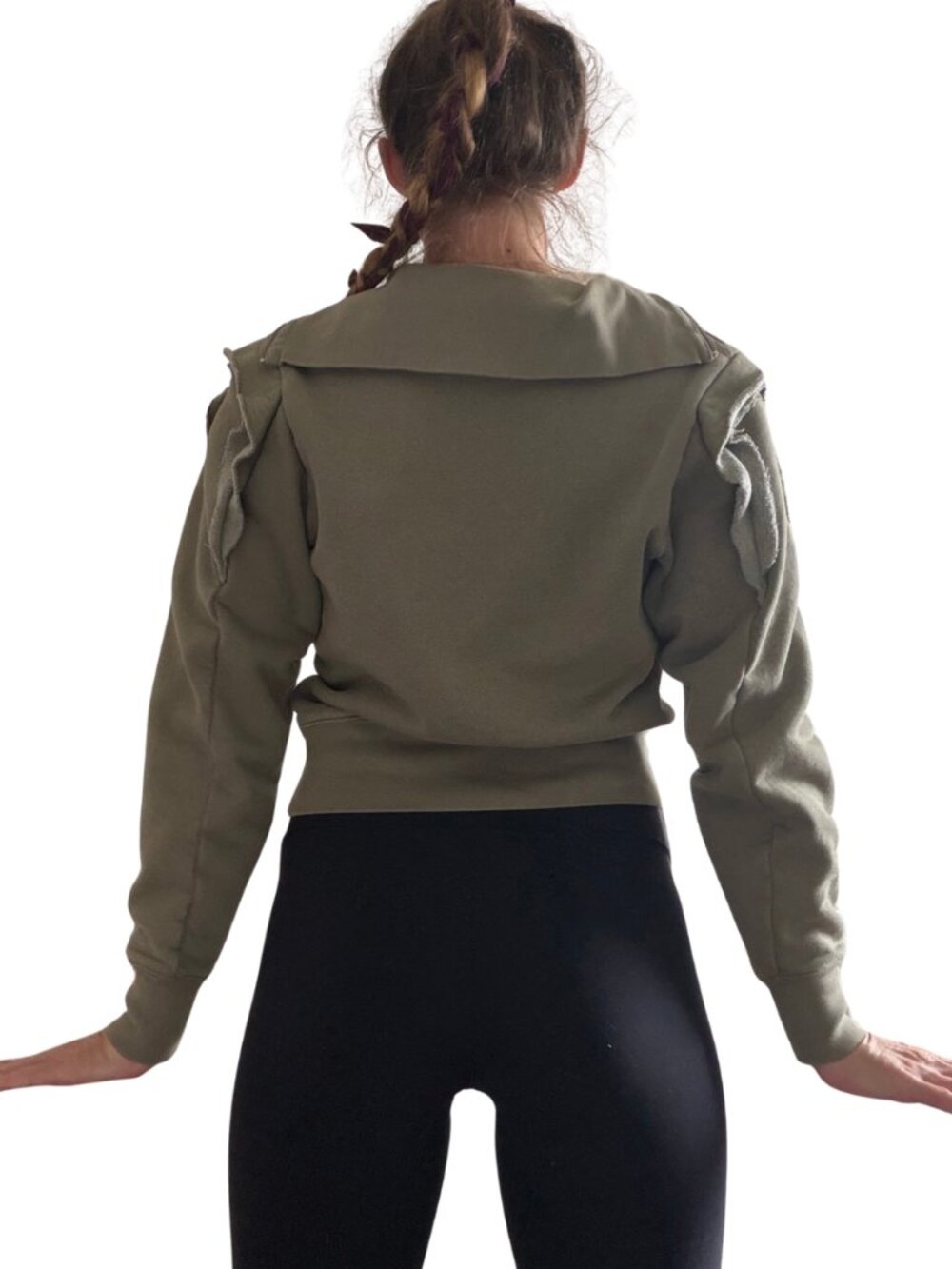 Frame Olive Half Zip Sweatshirt XS Ruffle Shoulder Pullover Cropped French Terry